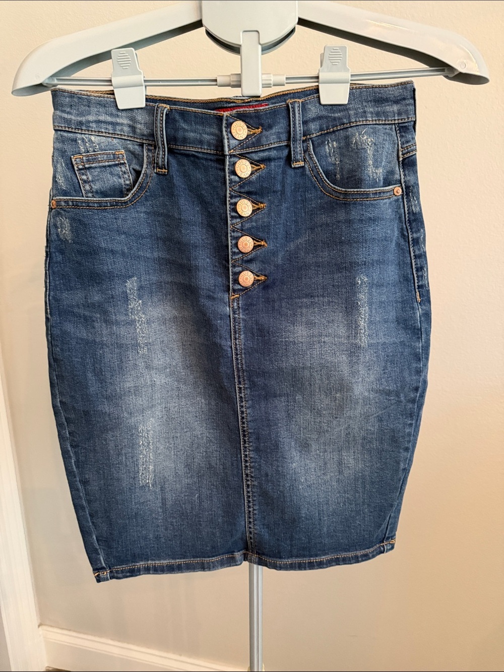 Guess Blue 1981 Longuette Distressed Denim Pencil Skirt